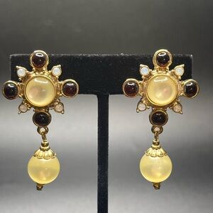 vintage gold tone moonstone style statement drop earrings garnet glass
